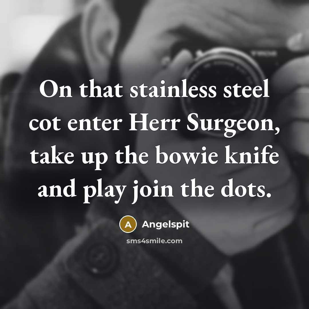 “On that stainless steel cot enter Herr Surgeon, take up the bowie knife and play join the dots.” quote by Angelspit
