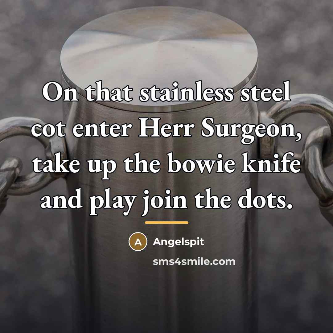 “On that stainless steel cot enter Herr Surgeon, take up…” quote by Angelspit