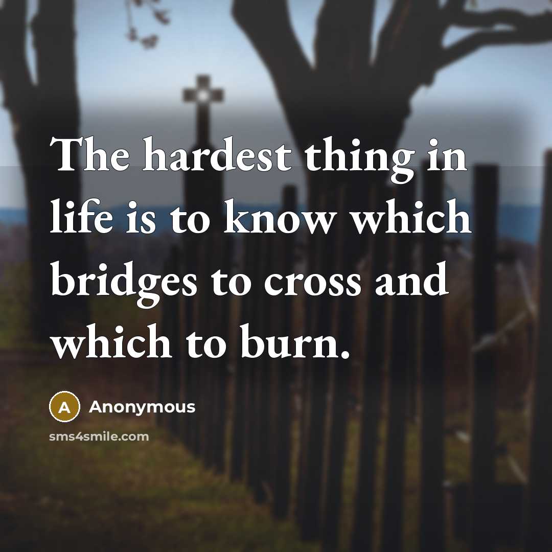 “The hardest thing in life is to know which bridges to cross and which to burn.” quote by Anonymous
