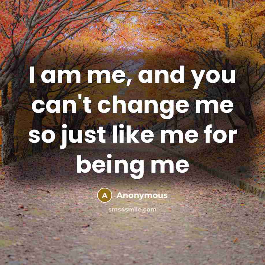 “I am me, and you can't change me so just like me for being me” quote by Anonymous