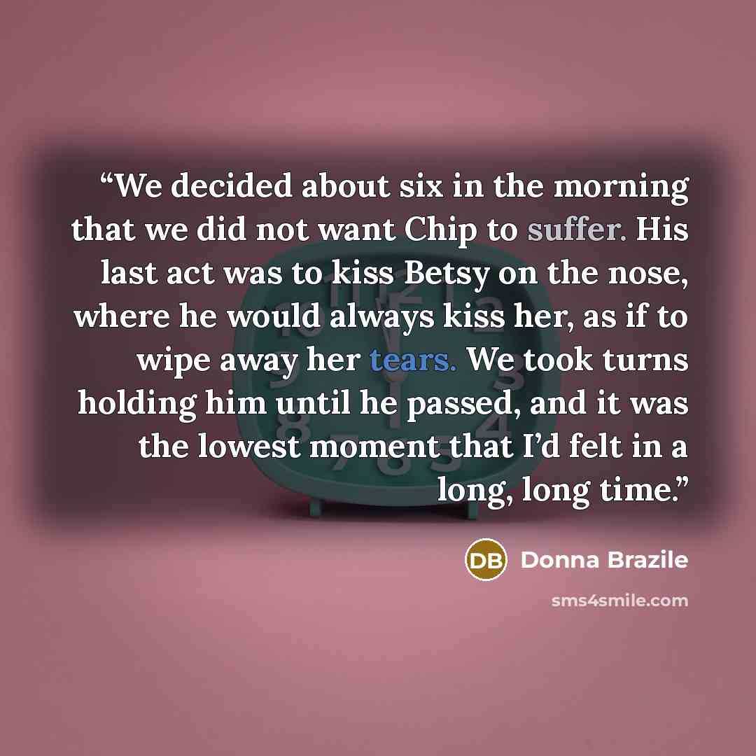 “We decided about six in the morning that we did not want Chip to suffer. His last act was to kiss Betsy on the nose, where he would always kiss her, as if to wipe away her tears. We took turns holding him until he passed, and it was the lowest moment that I’d felt in a long, long time.” quote by Donna Brazile