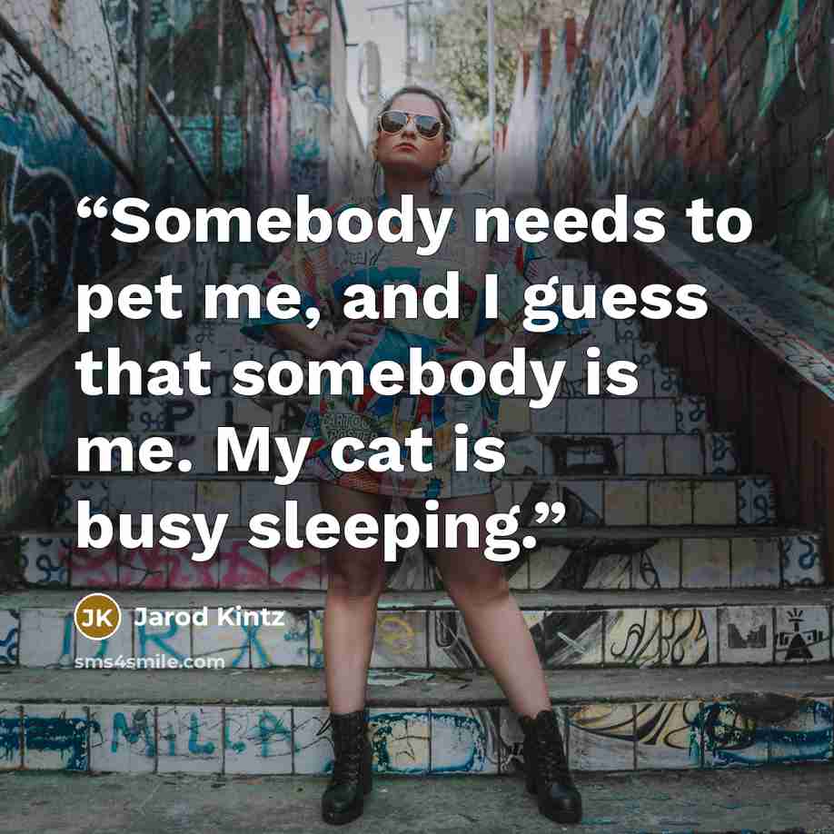 “Somebody needs to pet me, and I guess that somebody is me. My cat is busy sleeping.” quote by Jarod Kintz