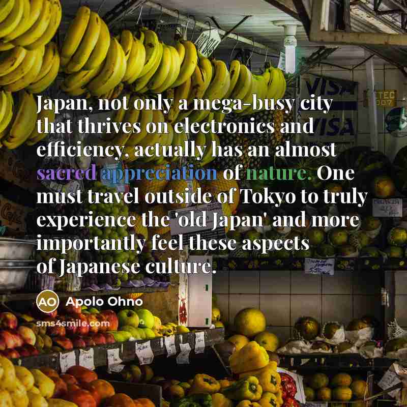 “Japan, not only a mega-busy city that thrives on electronics…” quote by Apolo Ohno
