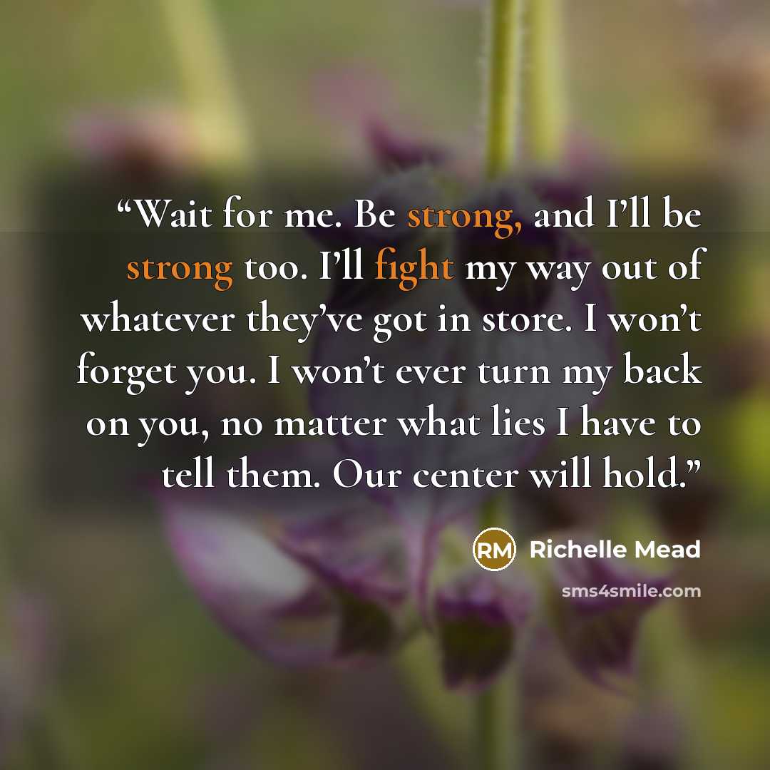 “Wait for me. Be strong, and I’ll be strong too. I’ll fight my way out of whatever they’ve got in store. I won’t forget you. I won’t ever turn my back on you, no matter what lies I have to tell them. Our center will hold.” quote by Richelle Mead