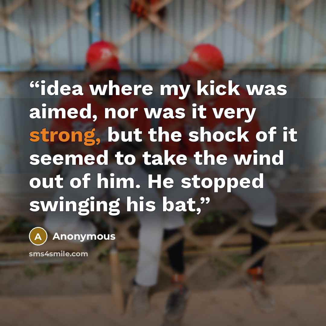 “idea where my kick was aimed, nor was it very strong, but the shock of it seemed to take the wind out of him. He stopped swinging his bat,” quote by Anonymous