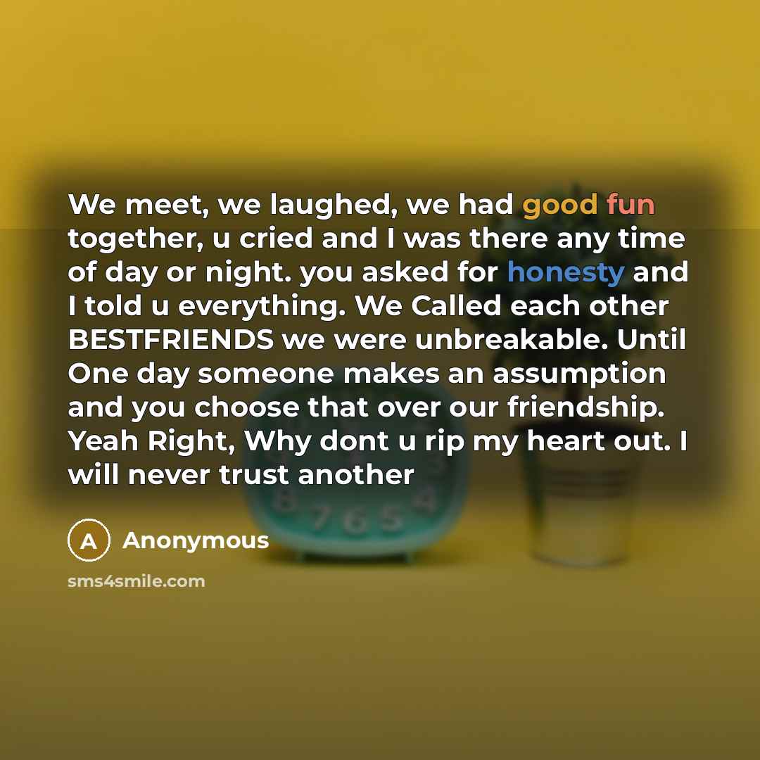 “We meet, we laughed, we had good fun together, u cried and I was there any time of day or night. you asked for honesty and I told u everything. We Called each other BESTFRIENDS we were unbreakable. Until One day someone makes an assumption and you choose that over our friendship. Yeah Right, Why…” quote by Anonymous