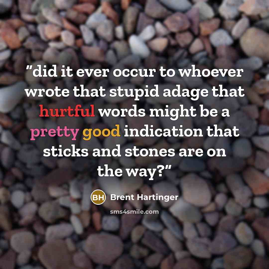“did it ever occur to whoever wrote that stupid adage that hurtful words might be a pretty good indication that sticks and stones are on the way?” quote by Brent Hartinger
