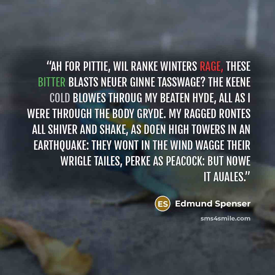 “Ah for pittie, wil ranke Winters rage, These bitter blasts neuer ginne tasswage? The keene cold blowes throug my beaten hyde, All as I were through the body gryde. My ragged rontes all shiver and shake, As doen high Towers in an earthquake: They wont in the wind wagge their wrigle tailes, Perke as…” quote by Edmund Spenser