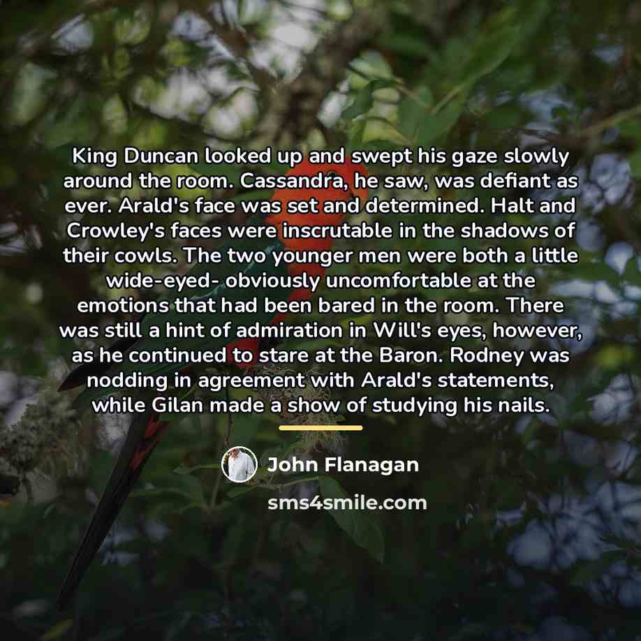 “King Duncan looked up and swept his gaze slowly around…” quote by John Flanagan