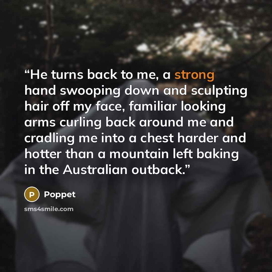 “He turns back to me, a strong hand swooping down and sculpting hair off my face, familiar looking arms curling back around me and cradling me into a chest harder and hotter than a mountain left baking in the Australian outback.” quote by Poppet