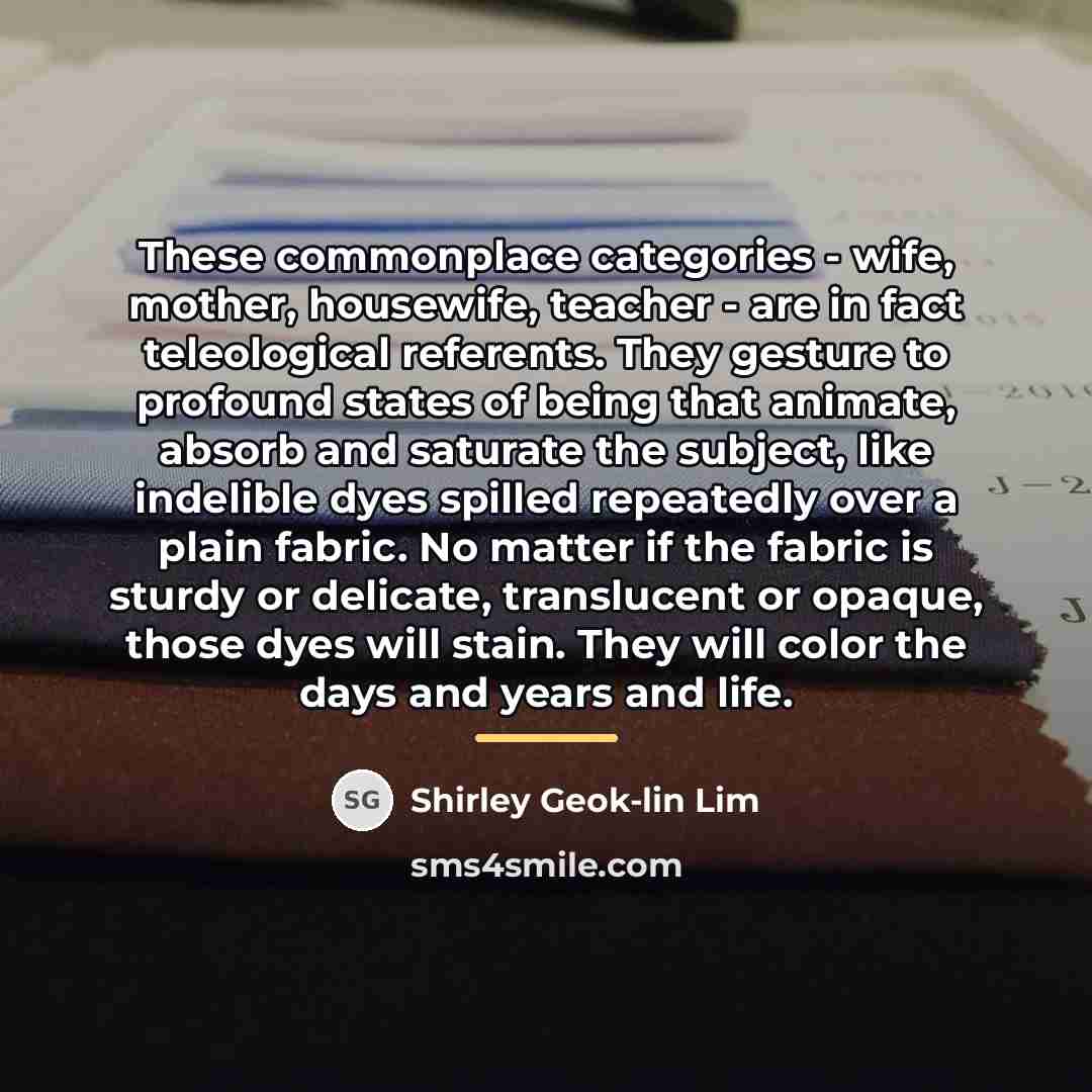“These commonplace categories - wife, mother, housewife, teacher - are…” quote by Shirley Geok-lin Lim