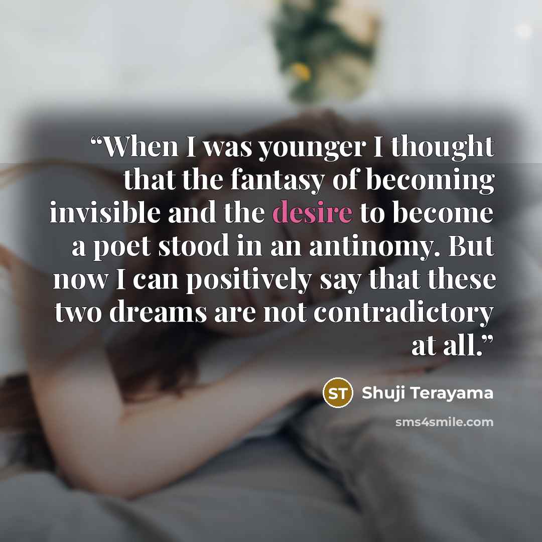 “When I was younger I thought that the fantasy of becoming invisible and the desire to become a poet stood in an antinomy. But now I can positively say that these two dreams are not contradictory at all.” quote by Shuji Terayama