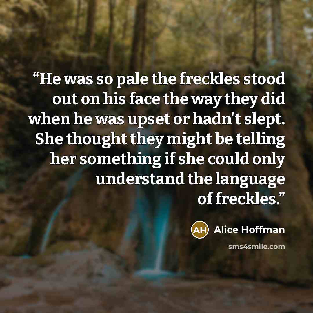 “He was so pale the freckles stood out on his face the way they did when he was upset or hadn't slept. She thought they might be telling her something if she could only understand the language of freckles.” quote by Alice Hoffman