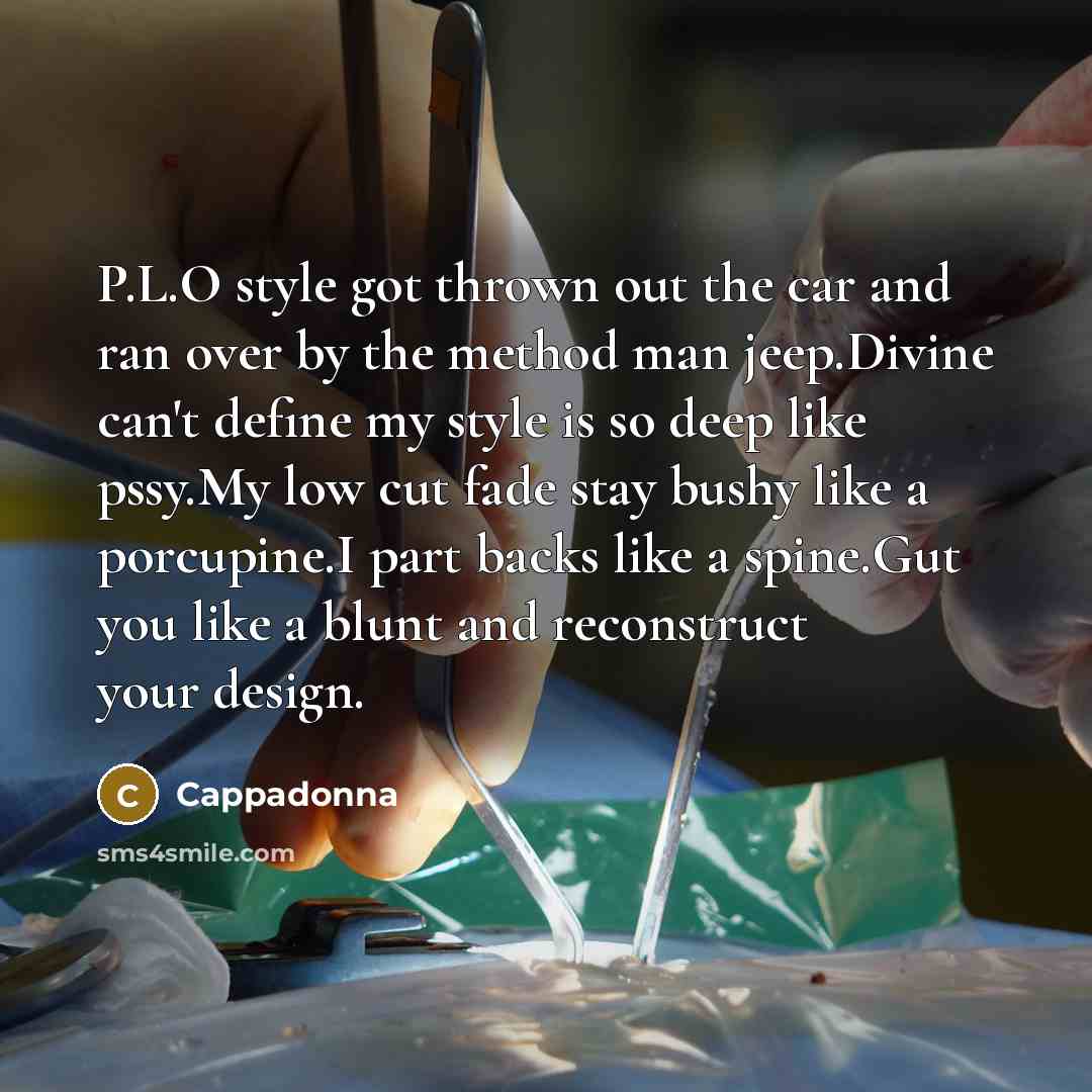 “P.L.O style got thrown out the car and ran over by the method man jeep.Divine can't define my style is so deep like pssy.My low cut fade stay bushy like a porcupine.I part backs like a spine.Gut you like a blunt and reconstruct your design.” quote by Cappadonna