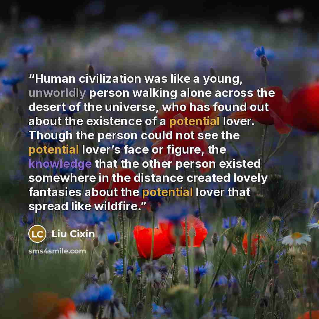 “Human civilization was like a young, unworldly person walking alone across the desert of the universe, who has found out about the existence of a potential lover. Though the person could not see the potential lover’s face or figure, the knowledge that the other person existed somewhere in the…” quote by Liu Cixin