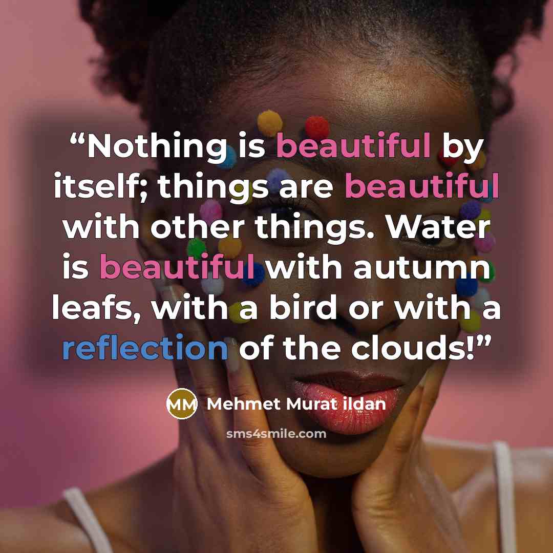 “Nothing is beautiful by itself; things are beautiful with other things. Water is beautiful with autumn leafs, with a bird or with a reflection of the clouds!” quote by Mehmet Murat ildan