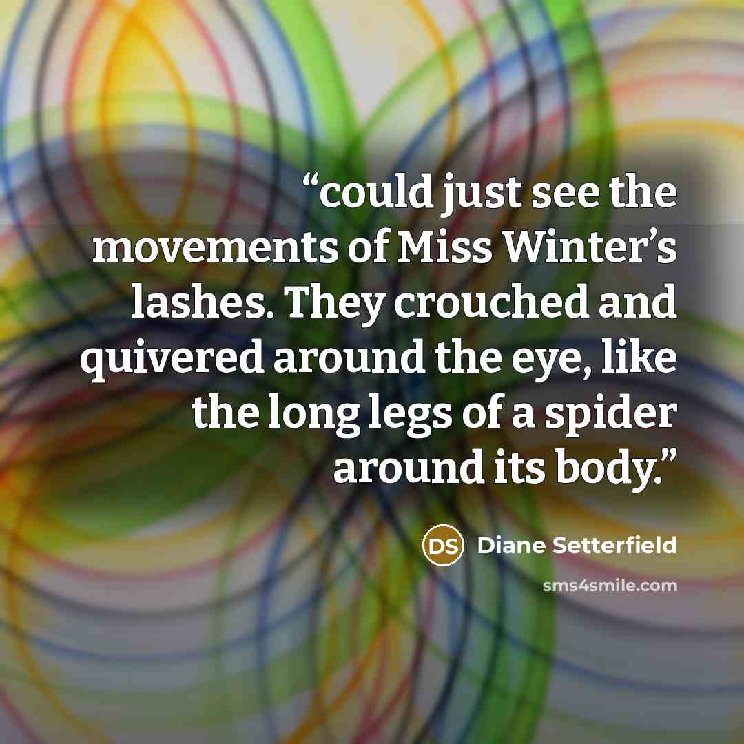 “could just see the movements of Miss Winter’s lashes. They crouched and quivered around the eye, like the long legs of a spider around its body.” quote by Diane Setterfield