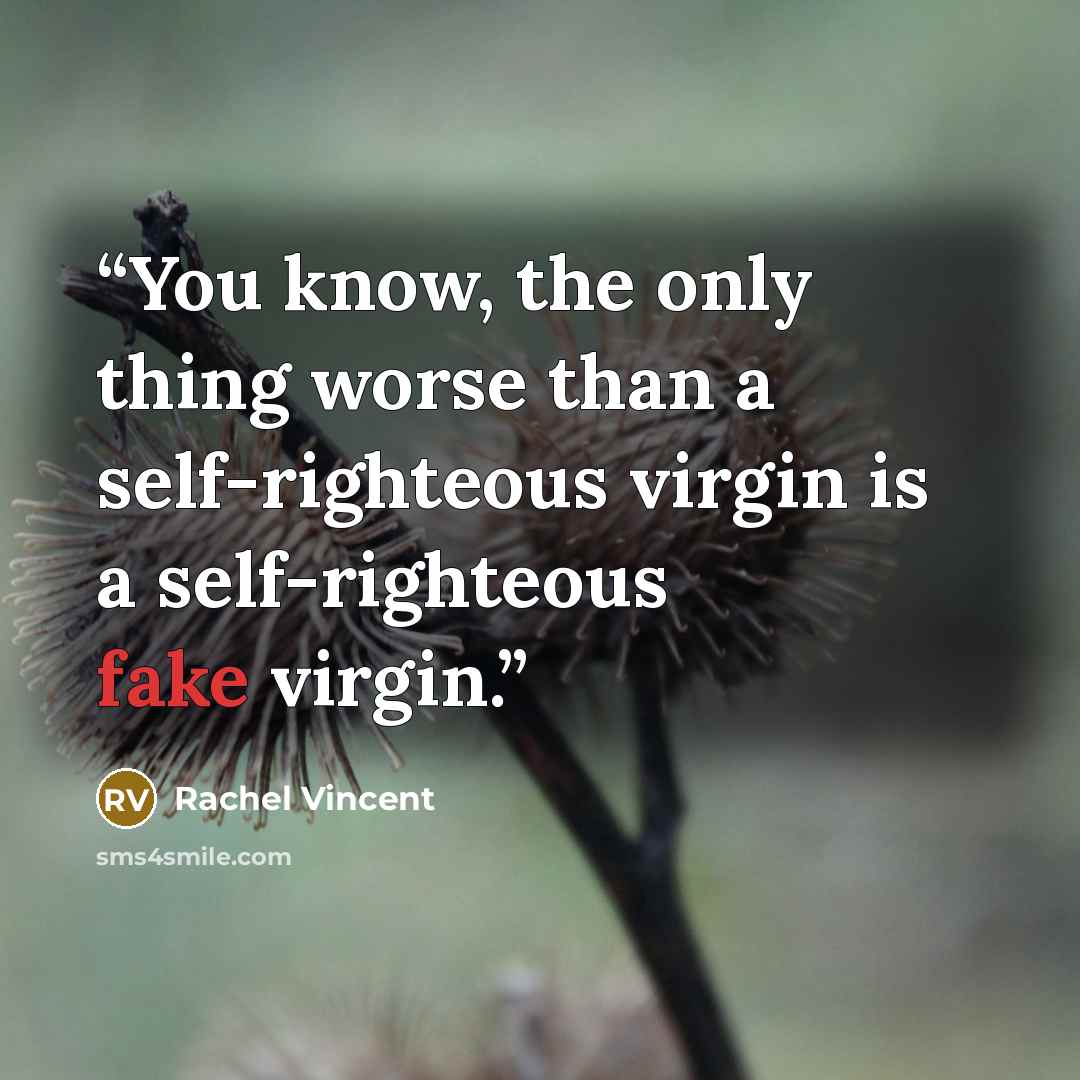 “You know, the only thing worse than a self-righteous virgin is a self-righteous fake virgin.” quote by Rachel Vincent
