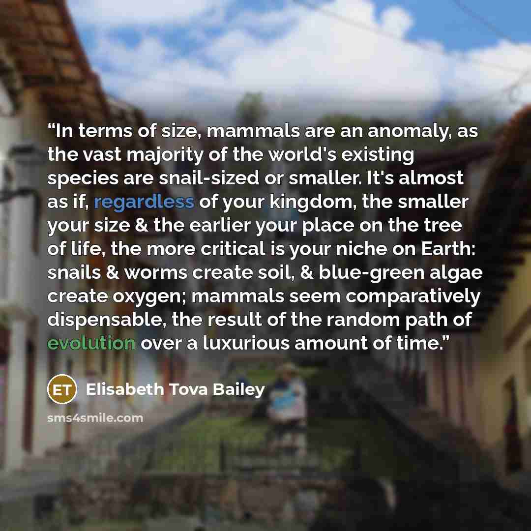 “In terms of size, mammals are an anomaly, as the vast majority of the world's existing species are snail-sized or smaller. It's almost as if, regardless of your kingdom, the smaller your size & the earlier your place on the tree of life, the more critical is your niche on Earth: snails & worms…” quote by Elisabeth Tova Bailey