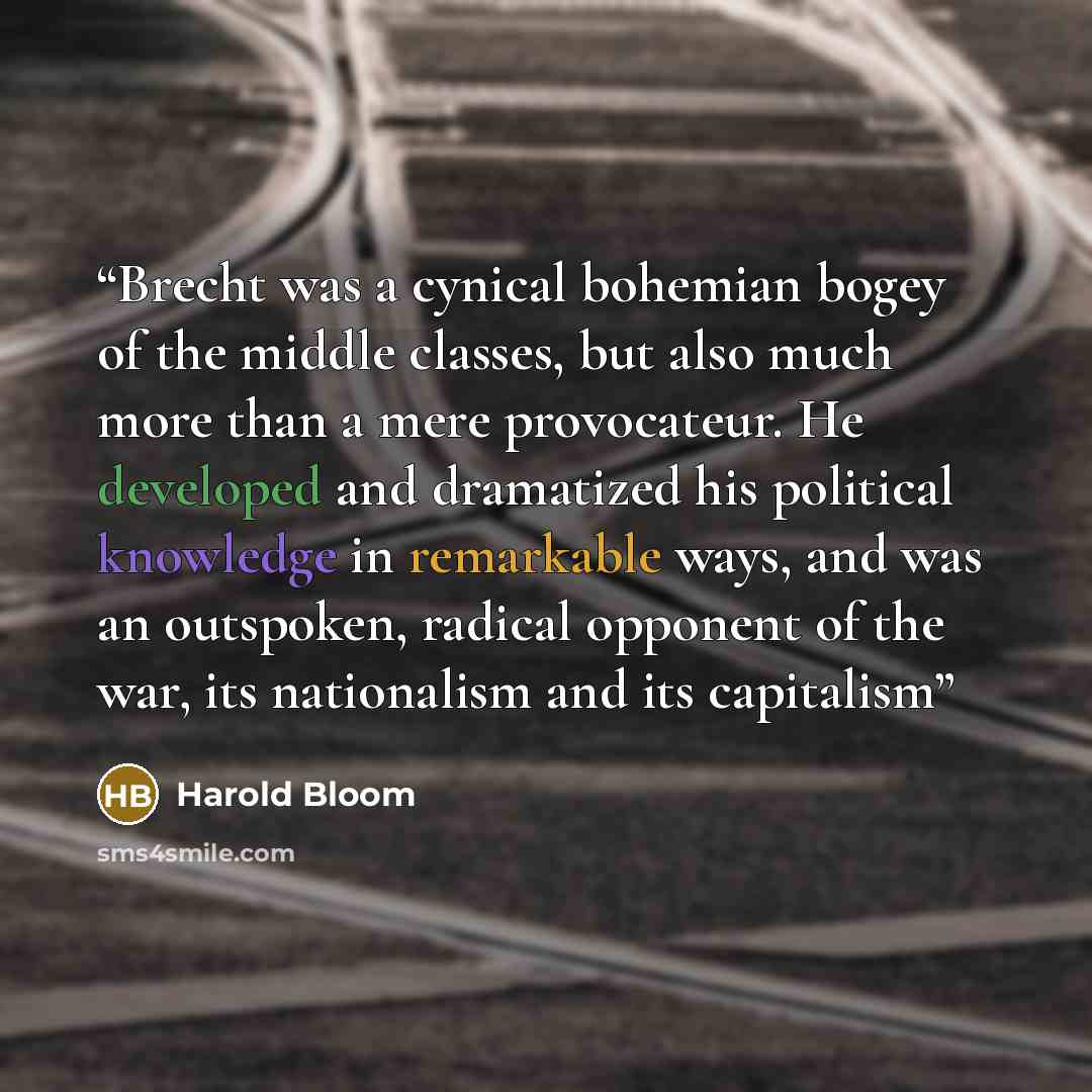 “Brecht was a cynical bohemian bogey of the middle classes, but also much more than a mere provocateur. He developed and dramatized his political knowledge in remarkable ways, and was an outspoken, radical opponent of the war, its nationalism and its capitalism” quote by Harold Bloom