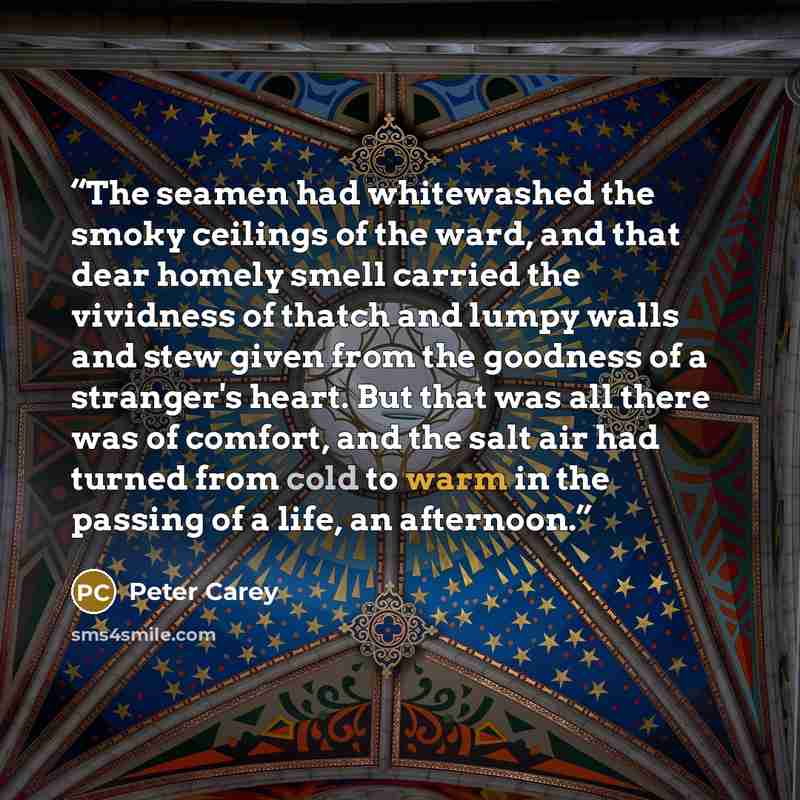 “The seamen had whitewashed the smoky ceilings of the ward, and that dear homely smell carried the vividness of thatch and lumpy walls and stew given from the goodness of a stranger's heart. But that was all there was of comfort, and the salt air had turned from cold to warm in the passing of a…” quote by Peter Carey