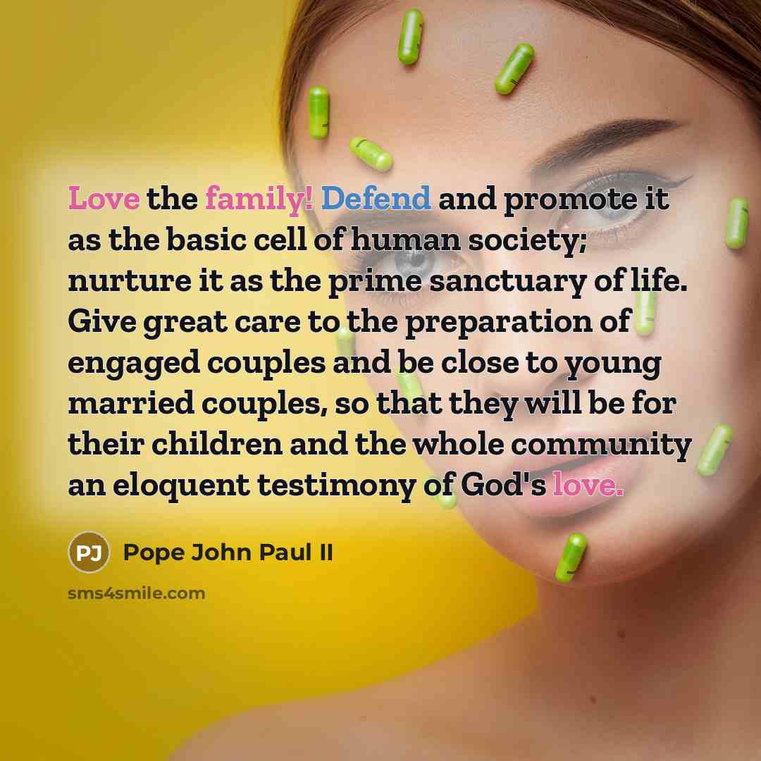 “Love the family! Defend and promote it as the basic…” quote by Pope John Paul II