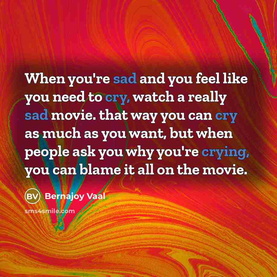 “When you're sad and you feel like you need to cry, watch a really sad movie. that way you can cry as much as you want, but when people ask you why you're crying, you can blame it all on the movie.” quote by Bernajoy Vaal