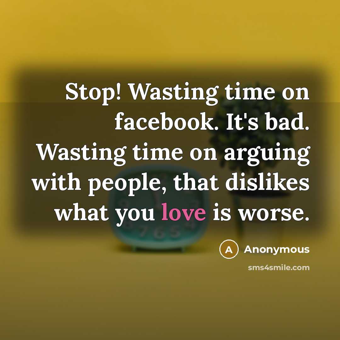 “Stop! Wasting time on facebook. It's bad. Wasting time on arguing with people, that dislikes what you love is worse.” quote by Anonymous
