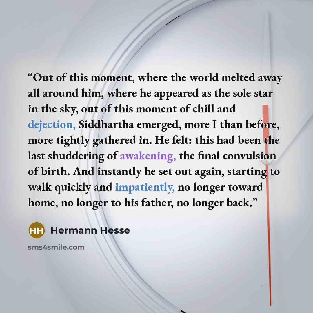 “Out of this moment, where the world melted away all around him, where he appeared as the sole star in the sky, out of this moment of chill and dejection, Siddhartha emerged, more I than before, more tightly gathered in. He felt: this had been the last shuddering of awakening, the final convulsion…” quote by Hermann Hesse