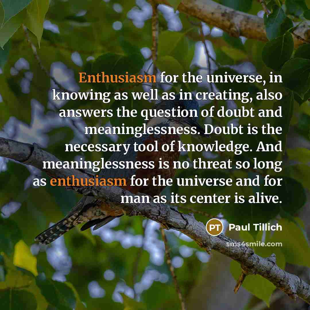“Enthusiasm for the universe, in knowing as well as in…” quote by Paul Tillich