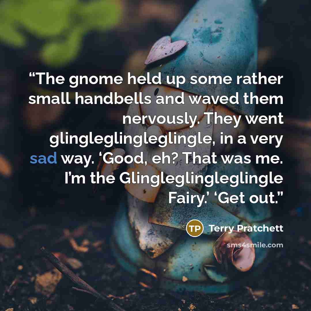 “The gnome held up some rather small handbells and waved them nervously. They went glingleglingleglingle, in a very sad way. ‘Good, eh? That was me. I’m the Glingleglingleglingle Fairy.’ ‘Get out.” quote by Terry Pratchett