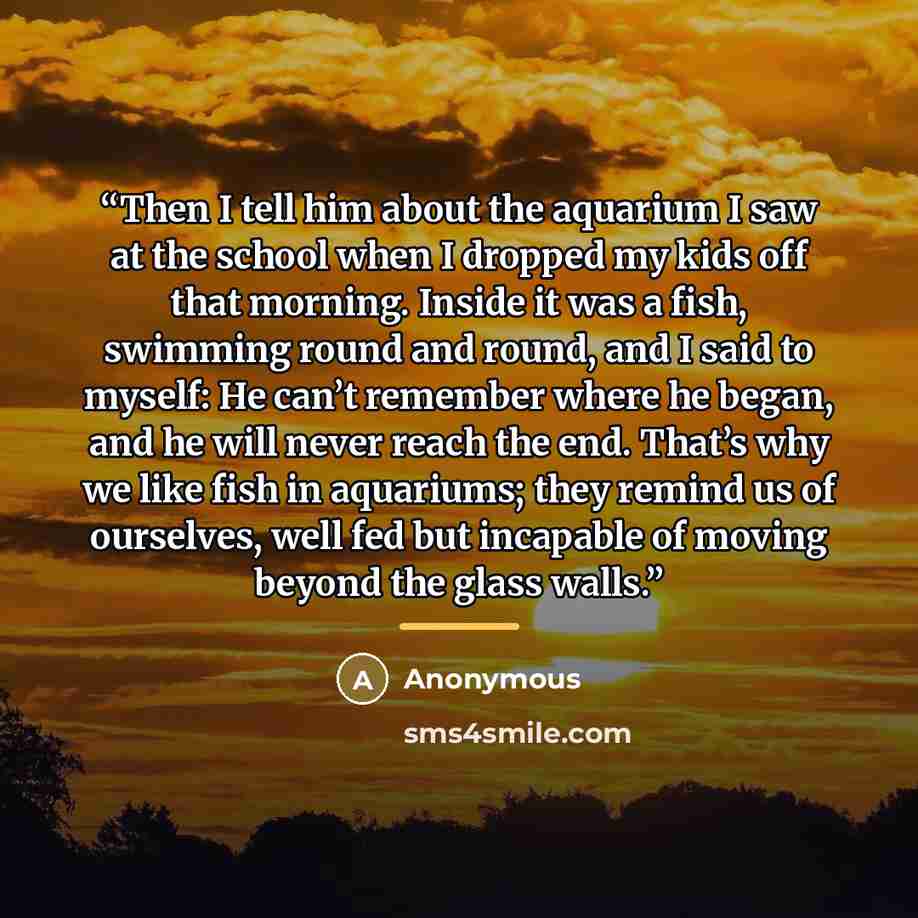 “Then I tell him about the aquarium I saw at the school when I dropped my kids off that morning. Inside it was a fish, swimming round and round, and I said to myself: He can’t remember where he began, and he will never reach the end. That’s why we like fish in aquariums; they remind us of…” quote by Anonymous