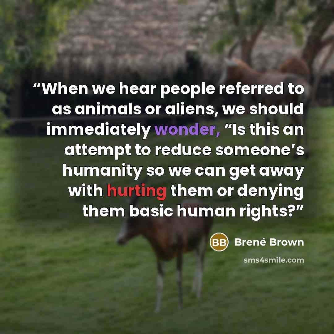“When we hear people referred to as animals or aliens, we should immediately wonder, “Is this an attempt to reduce someone’s humanity so we can get away with hurting them or denying them basic human rights?” quote by Brené Brown