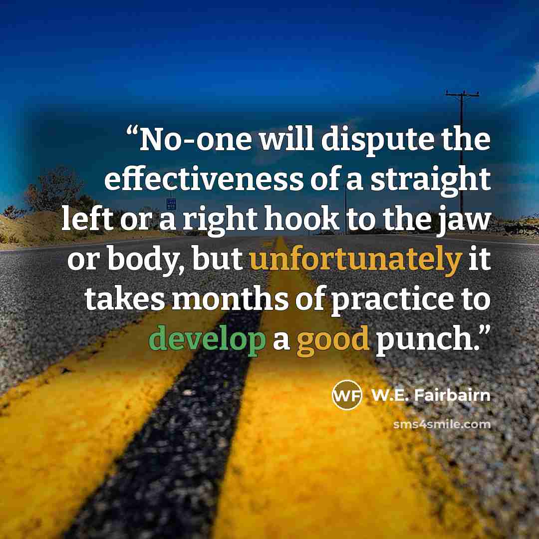 “No-one will dispute the effectiveness of a straight left or a right hook to the jaw or body, but unfortunately it takes months of practice to develop a good punch.” quote by W.E. Fairbairn