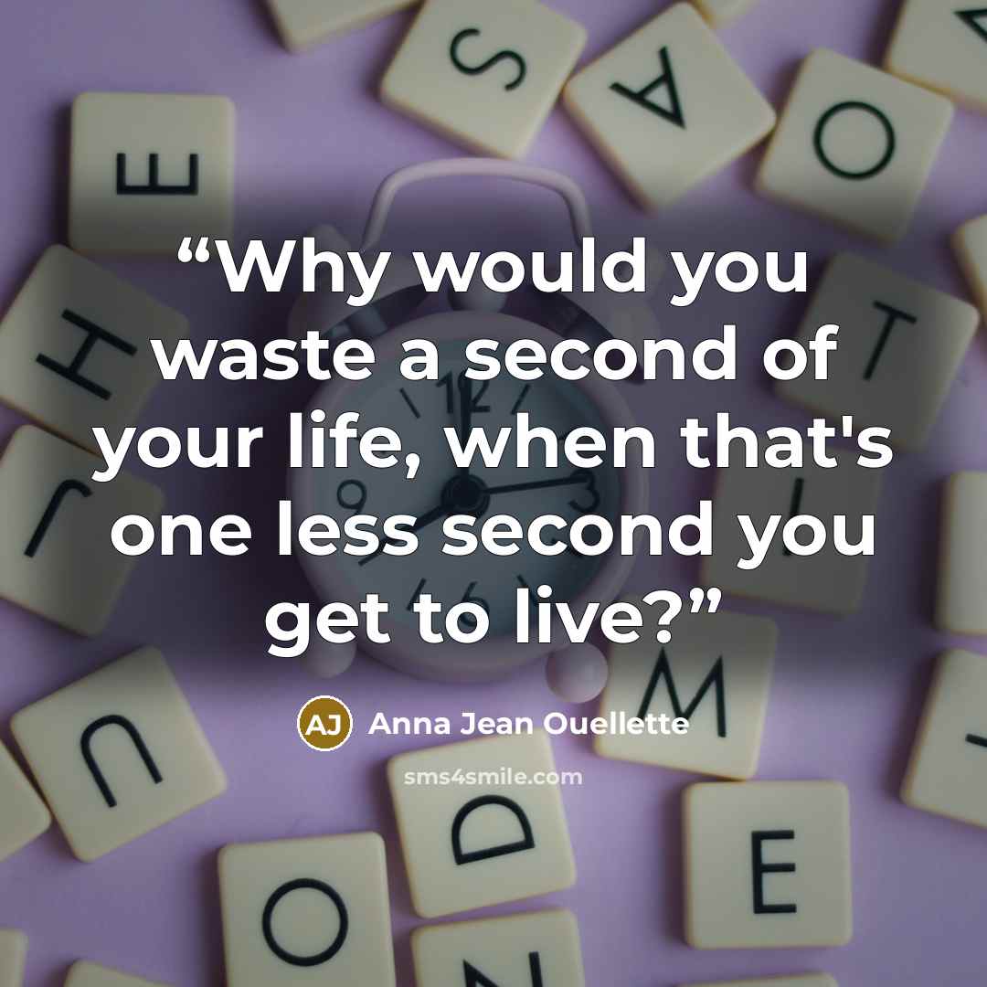 “Why would you waste a second of your life, when that's one less second you get to live?” quote by Anna Jean Ouellette