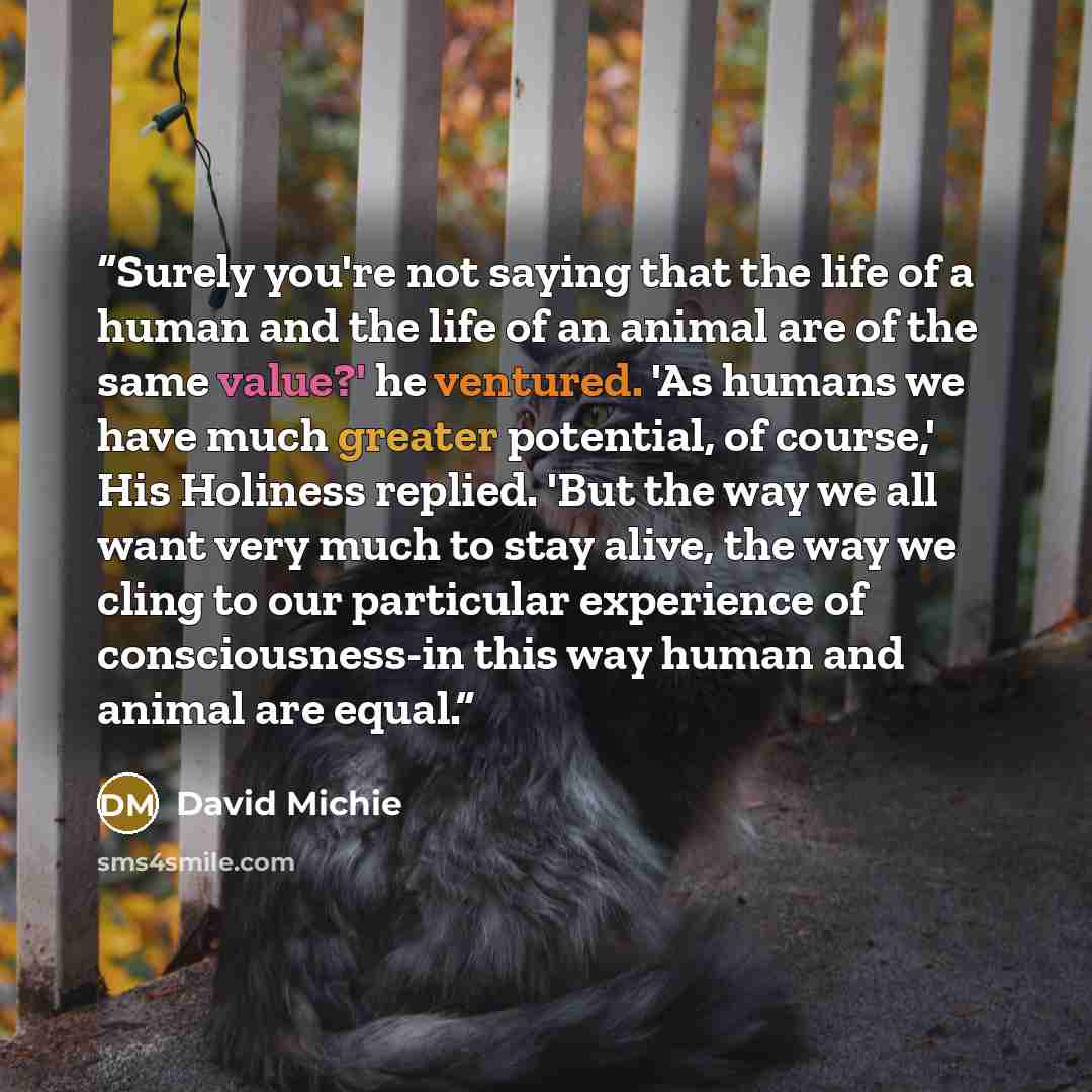 “Surely you're not saying that the life of a human and the life of an animal are of the same value?' he ventured. 'As humans we have much greater potential, of course,' His Holiness replied. 'But the way we all want very much to stay alive, the way we cling to our particular experience of…” quote by David Michie