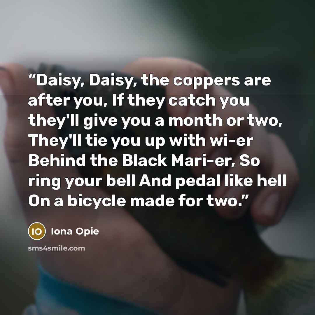 “Daisy, Daisy, the coppers are after you, If they catch you they'll give you a month or two, They'll tie you up with wi-er Behind the Black Mari-er, So ring your bell And pedal like hell On a bicycle made for two.” quote by Iona Opie