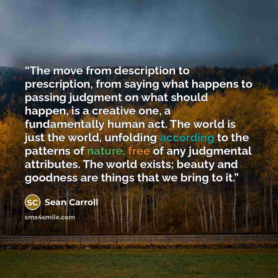 “The move from description to prescription, from saying what happens to passing judgment on what should happen, is a creative one, a fundamentally human act. The world is just the world, unfolding according to the patterns of nature, free of any judgmental attributes. The world exists; beauty and…” quote by Sean Carroll