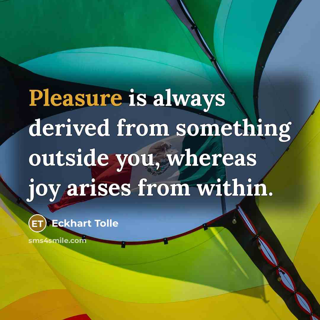 “Pleasure is always derived from something outside you, whereas joy…” quote by Eckhart Tolle