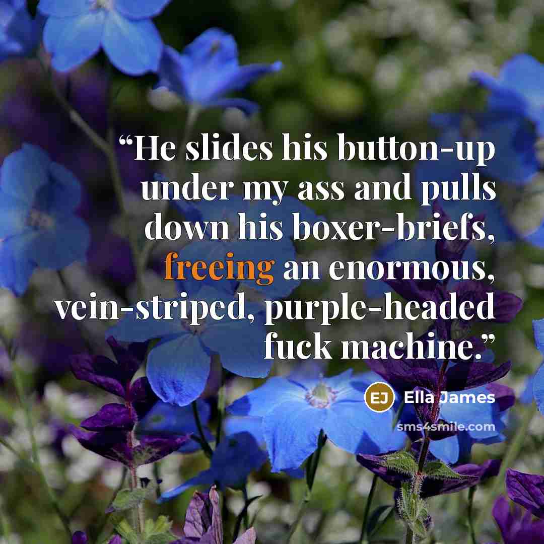 “He slides his button-up under my ass and pulls down his boxer-briefs, freeing an enormous, vein-striped, purple-headed fuck machine.” quote by Ella James