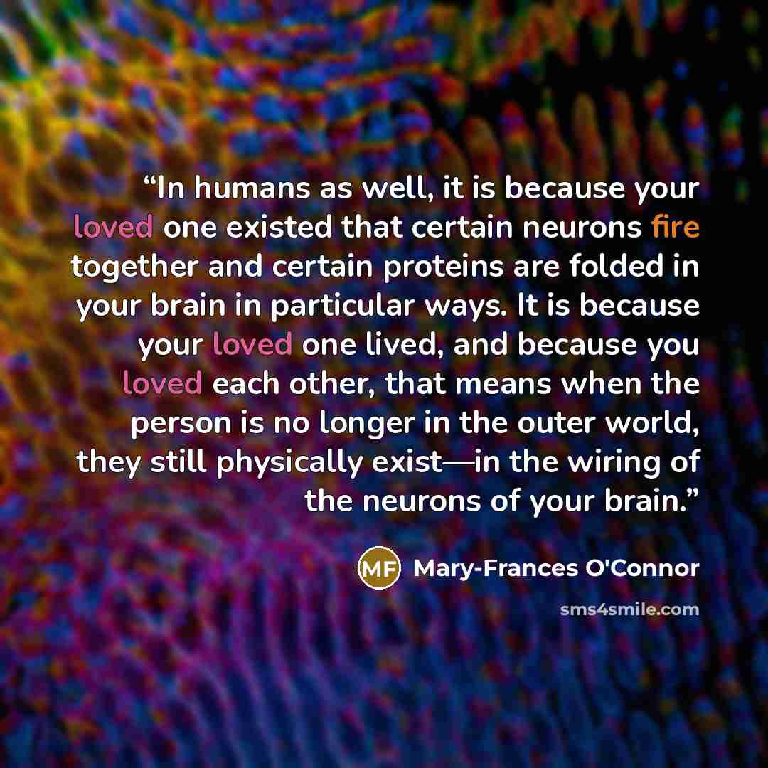 “In humans as well, it is because your loved one existed that certain neurons fire together and certain proteins are folded in your brain in particular ways. It is because your loved one lived, and because you loved each other, that means when the person is no longer in the outer world, they still…” quote by Mary-Frances O'Connor
