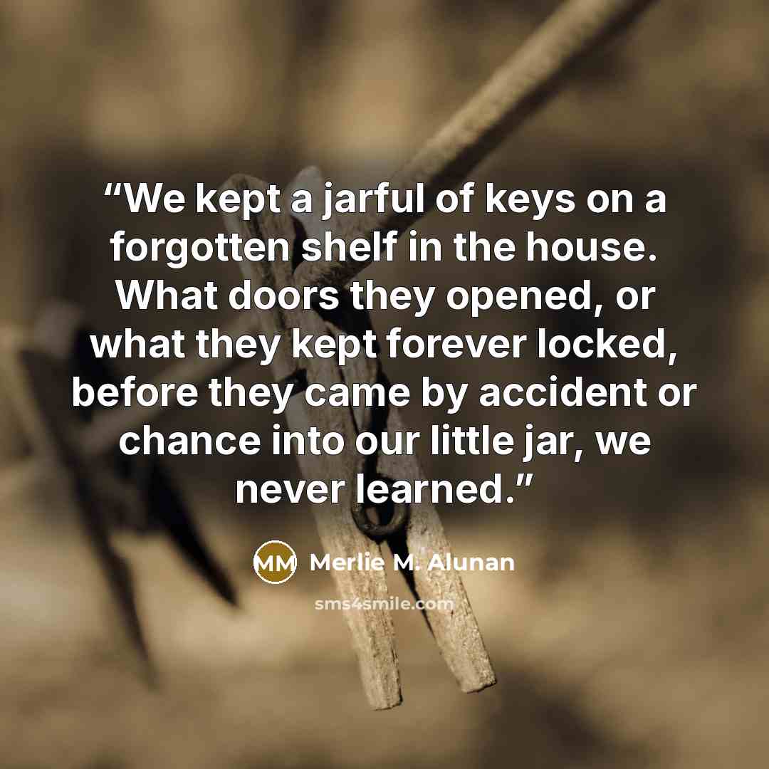 “We kept a jarful of keys on a forgotten shelf in the house. What doors they opened, or what they kept forever locked, before they came by accident or chance into our little jar, we never learned.” quote by Merlie M. Alunan