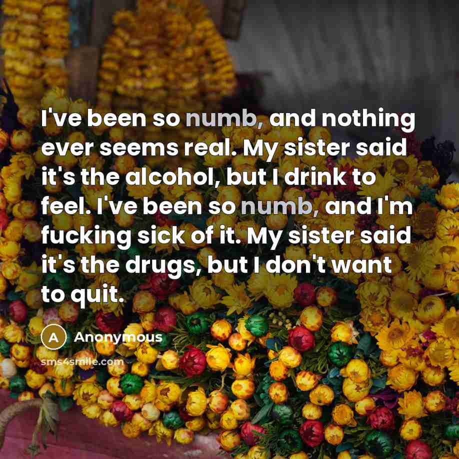 “I've been so numb, and nothing ever seems real. My sister said it's the alcohol, but I drink to feel. I've been so numb, and I'm fucking sick of it. My sister said it's the drugs, but I don't want to quit.” quote by Anonymous