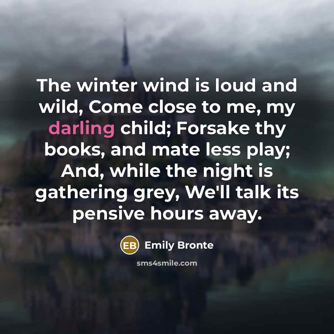 “The winter wind is loud and wild, Come close to…” quote by Emily Bronte