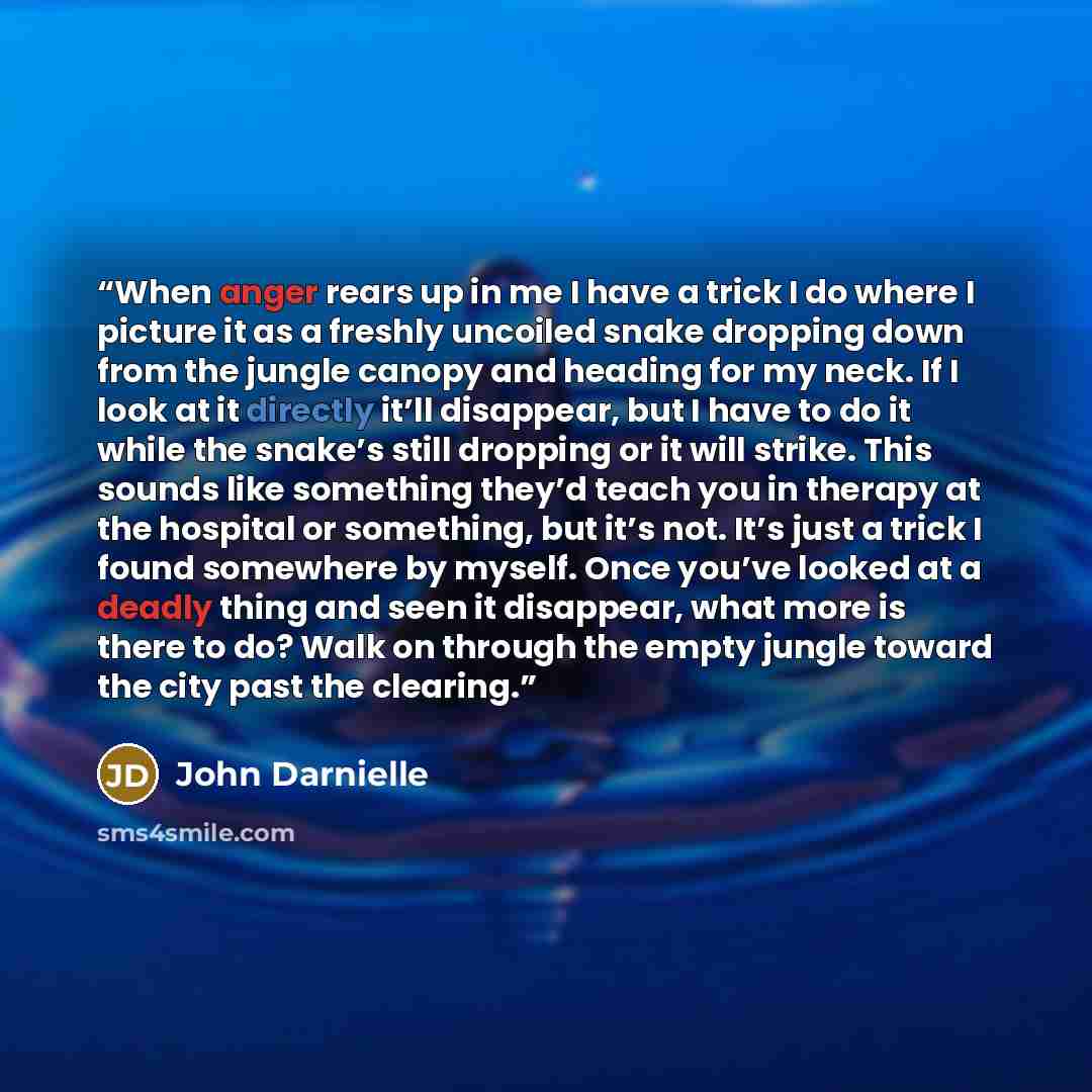 “When anger rears up in me I have a trick I do where I picture it as a freshly uncoiled snake dropping down from the jungle canopy and heading for my neck. If I look at it directly it’ll disappear, but I have to do it while the snake’s still dropping or it will strike. This sounds like something…” quote by John Darnielle