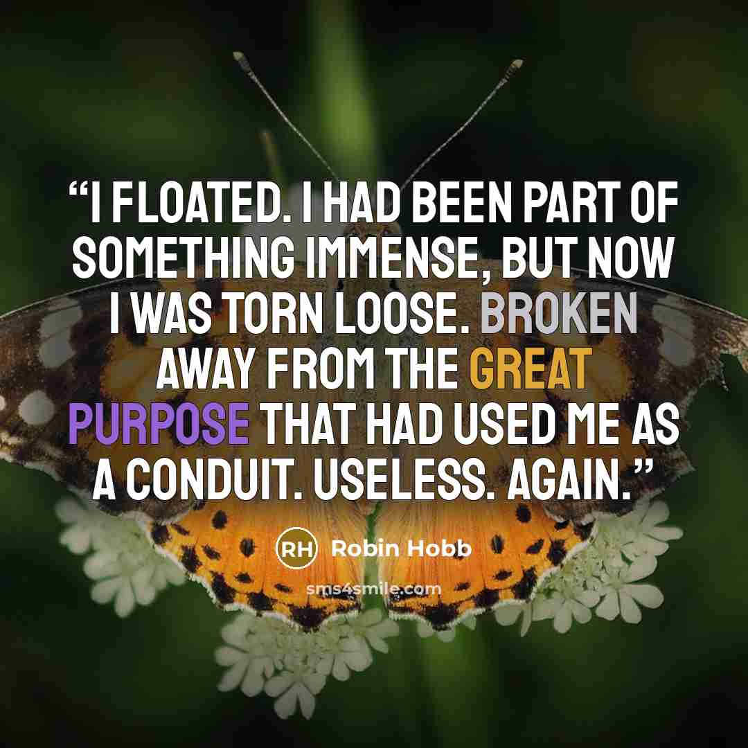 “I floated. I had been part of something immense, but now I was torn loose. Broken away from the great purpose that had used me as a conduit. Useless. Again.” quote by Robin Hobb
