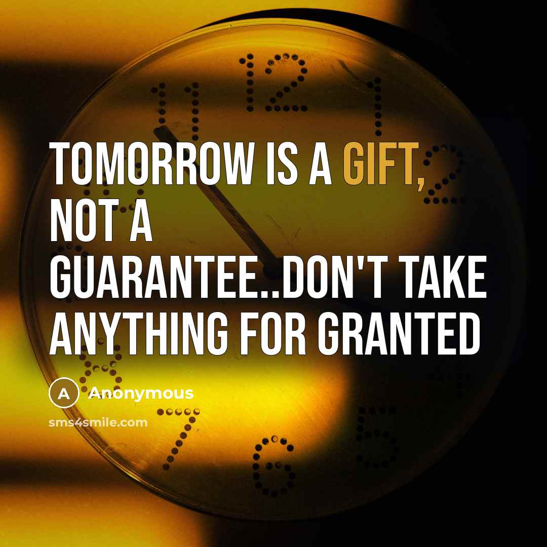 “Tomorrow is a gift, not a guarantee..don't take anything for granted” quote by Anonymous