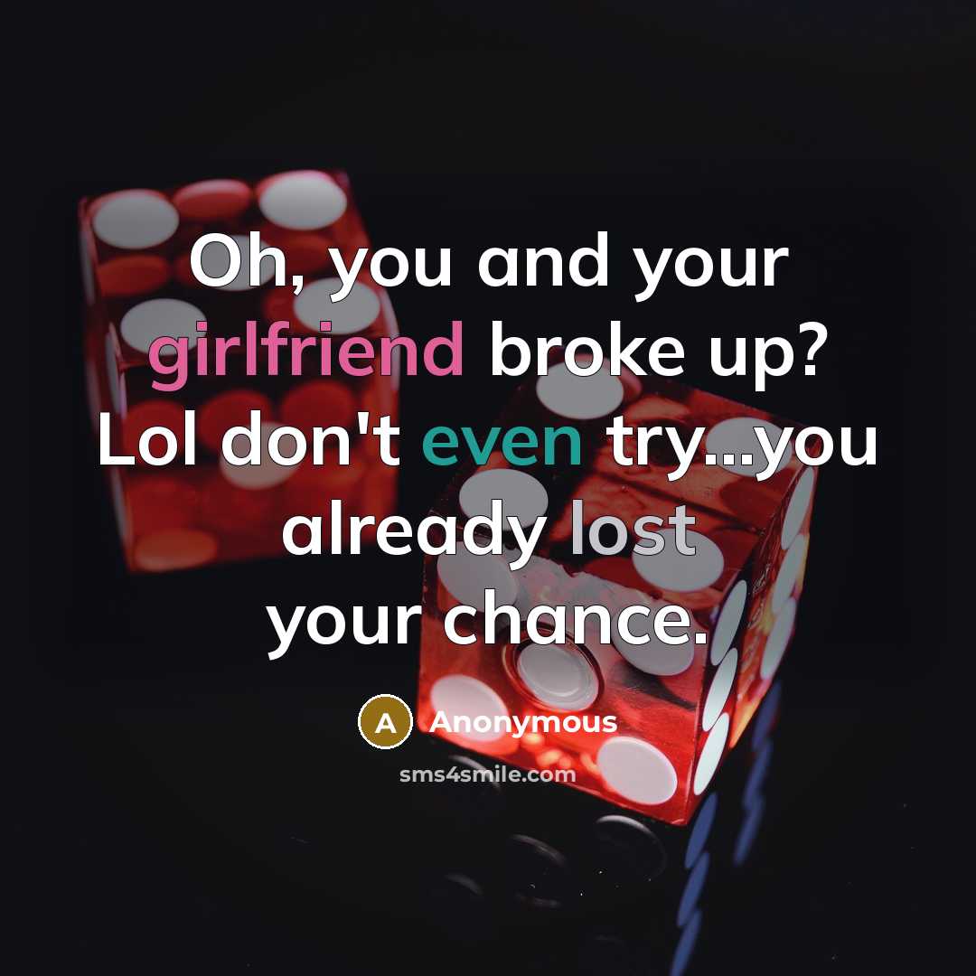 “Oh, you and your girlfriend broke up? Lol don't even try...you already lost your chance.” quote by Anonymous