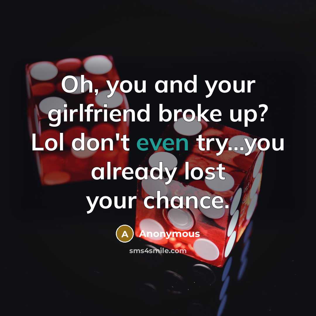 “Oh, you and your girlfriend broke up? Lol don't even try...you already lost your chance.” quote by Anonymous