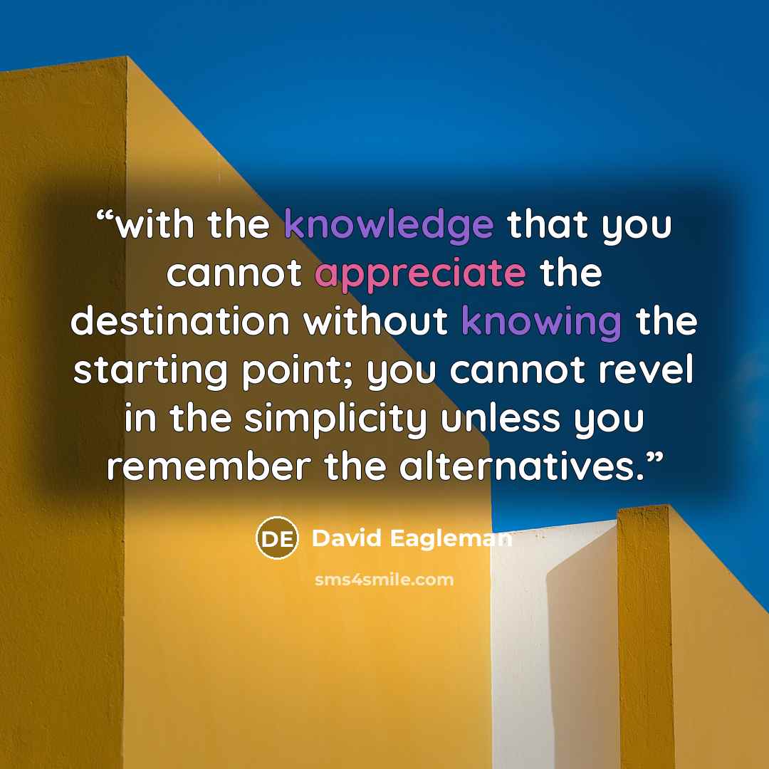 “with the knowledge that you cannot appreciate the destination without knowing the starting point; you cannot revel in the simplicity unless you remember the alternatives.” quote by David Eagleman